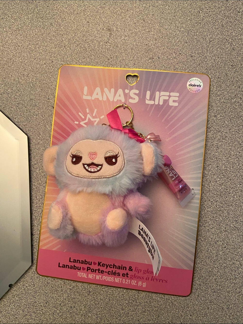 Claire's Lanabu Plush Keychain with Pink Lip Gloss - Pastel Purple/Pink